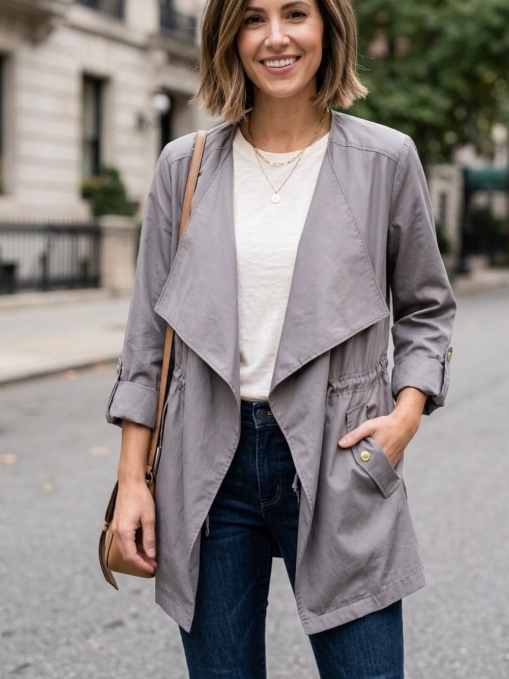 Andrew Marc Gray Draped Lightweight Trench Coat